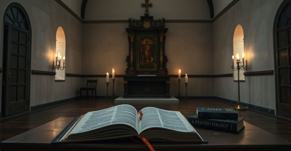 Pusty kościół z zamkniętym tabernakulum, symbolizujący brak prawdziwej obecności Bożej w nowoczesnych formacjach duchowych