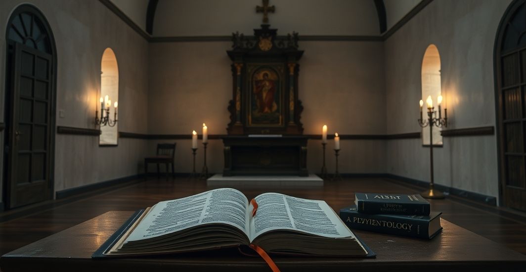 Pusty kościół z zamkniętym tabernakulum, symbolizujący brak prawdziwej obecności Bożej w nowoczesnych formacjach duchowych