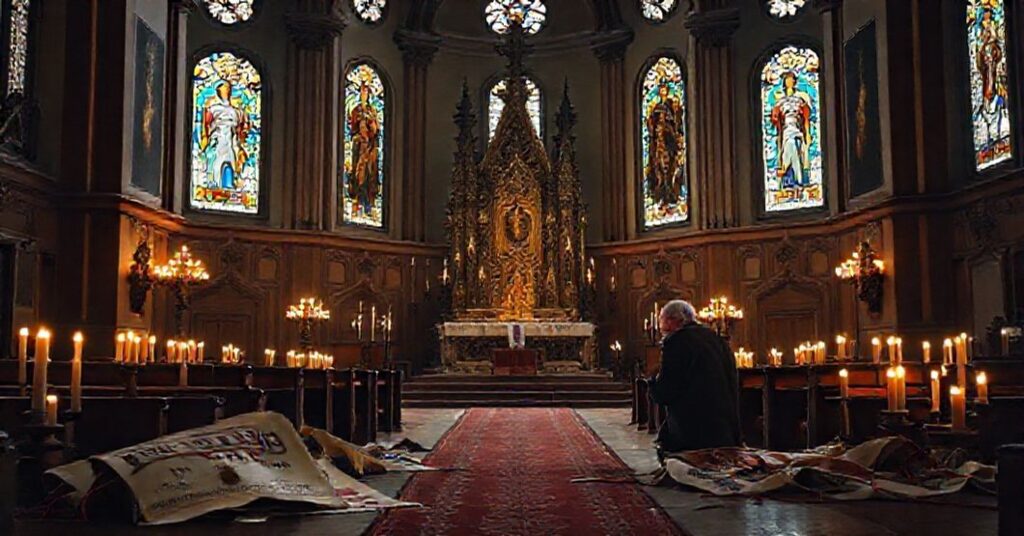 Wnętrze tradycyjnego kościoła katolickiego w Krakowie z pustym tronemSymbolizujące brak prawdziwej sukcesji apostolskiej.