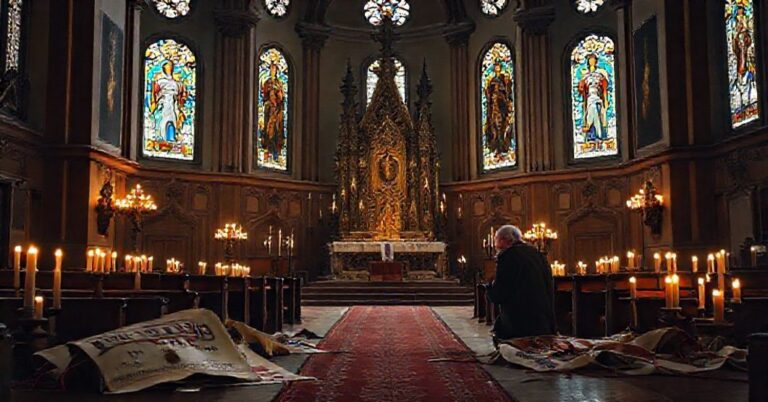 Wnętrze tradycyjnego kościoła katolickiego w Krakowie z pustym tronemSymbolizujące brak prawdziwej sukcesji apostolskiej.