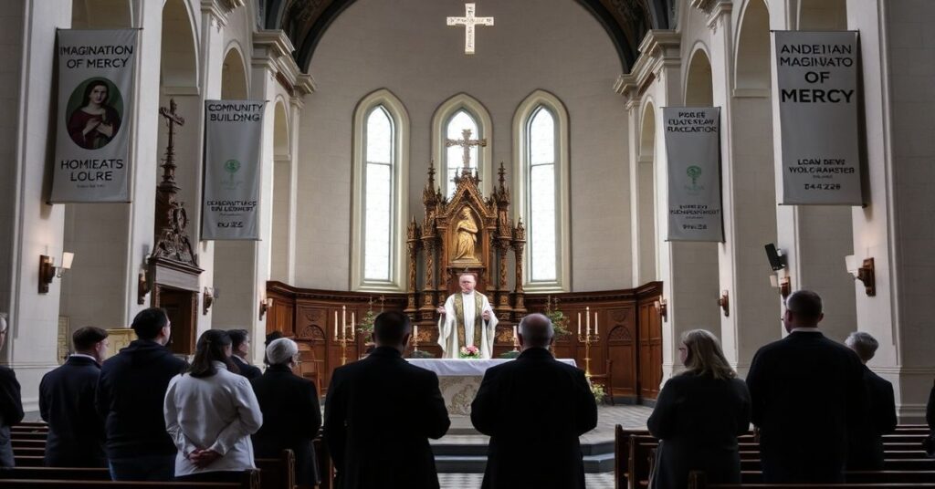 Scena wnętrza Bazyliki Matki Boskiej Bolesnej w Limanowej podczas obchodu Święta Caritas 11 kwietnia 2026 roku. Ołtarz ozdobiony minimalistycznie w kontrascie z barokową architekturą. Grupa wolontariuszy i rzekomo duchowieństwa stoi przy ołtarzu z brakiem entuzjazmu duchowego. Głównym punktem jest 'biskup' Andrzej Jeż wygłaszający kazanie z ambony. Światło jest przygaszone, podkreślając pustkę i brak obecności sakralnej.