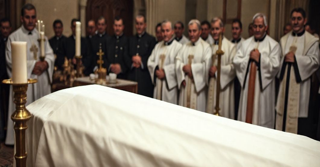 Uroczysty pogrzeb bez prawdziwych sakramentów, otoczony symbolami kościelnymi, podkreślający pustkę modernistycznych uzurpatorów w Kościele Katolickim.