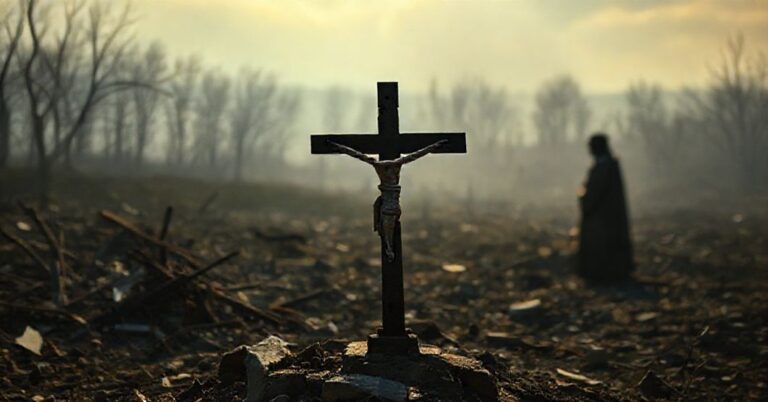Pobity krzyż w tle wojennego krajobrazu symbolizujący duchową pustkę w Rosji podczas konfliktu z Ukrainą.