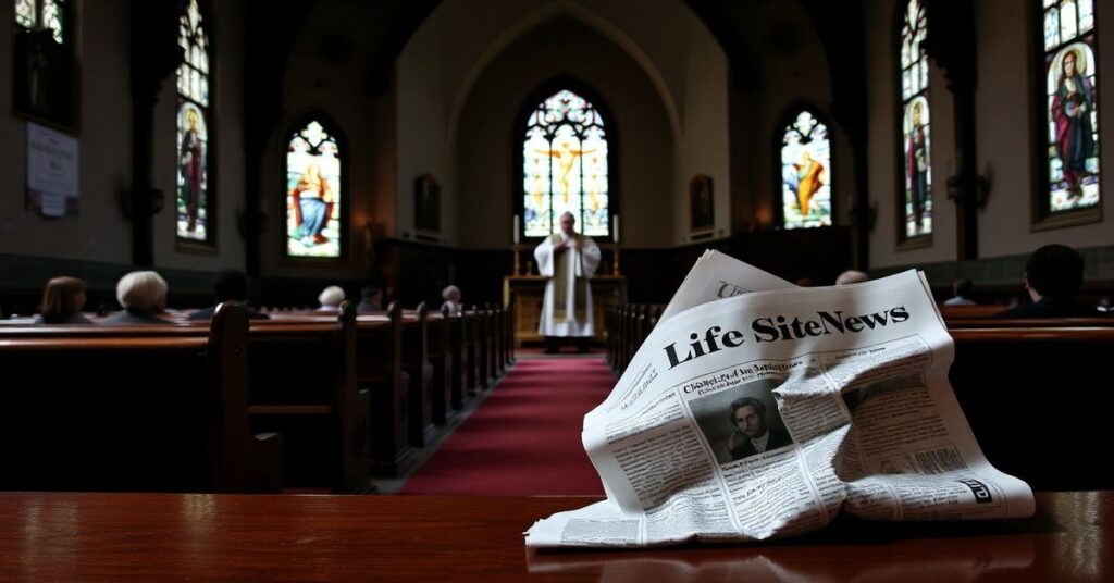 Tradycyjny kościół katolicki z wiernymi modlącymi się podczas Mszy świętej wedle Mszału Rzymskiego z 1962 roku. Pewna gazeta z logo LifeSiteNews leży porzucona na ławce.