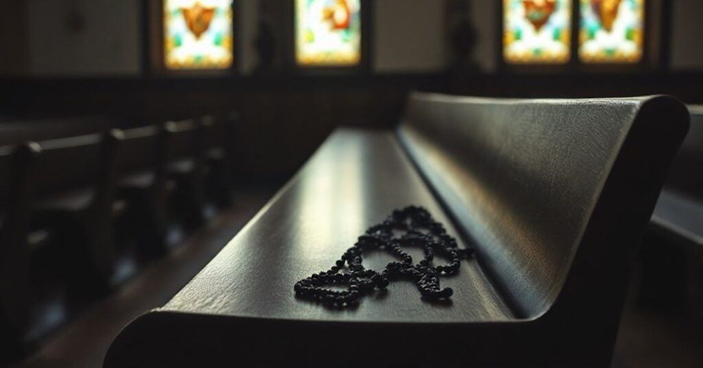 Pustość duchowa w sztuce: staranne zdjęcie opuszczonej ławki kościelnej z różańcem