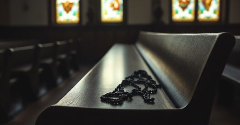 Pustość duchowa w sztuce: staranne zdjęcie opuszczonej ławki kościelnej z różańcem