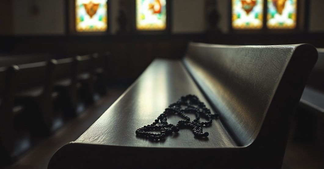 Pustość duchowa w sztuce: staranne zdjęcie opuszczonej ławki kościelnej z różańcem