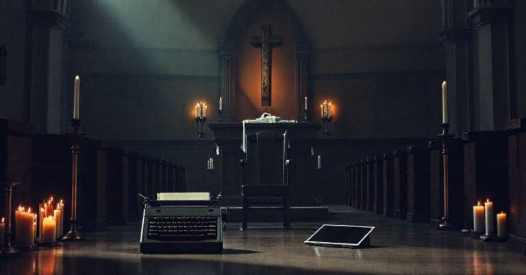 Wnętrze tradycyjnego kościoła z pustym amboną i świecami w tle symbolizującym brak prawdziwego kaznodziejstwa w czasach sztucznej inteligencji