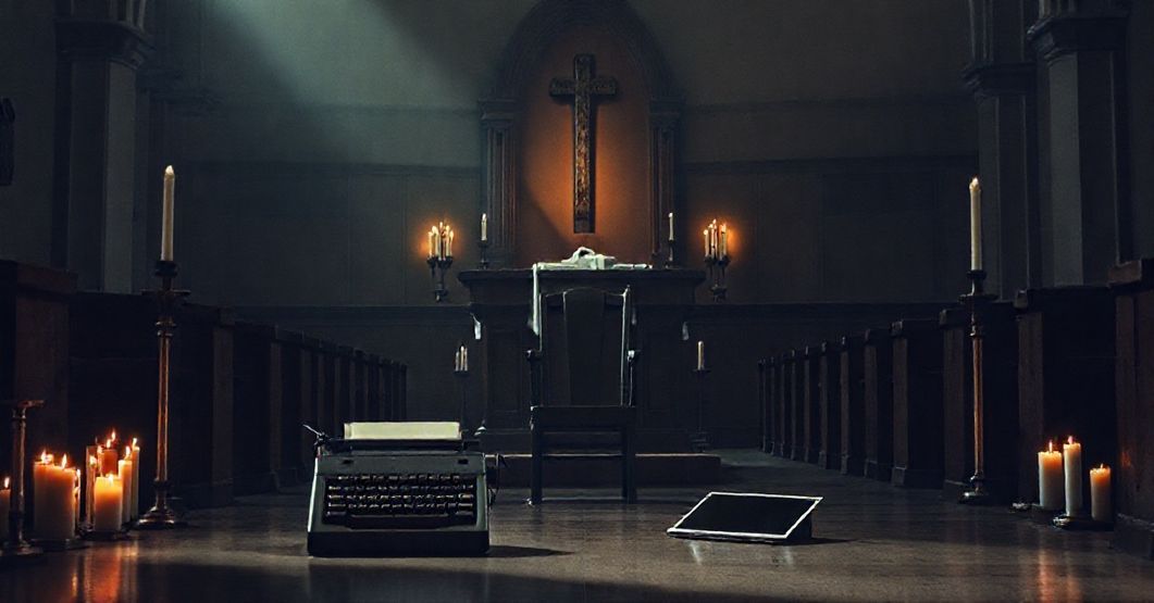 Wnętrze tradycyjnego kościoła z pustym amboną i świecami w tle symbolizującym brak prawdziwego kaznodziejstwa w czasach sztucznej inteligencji