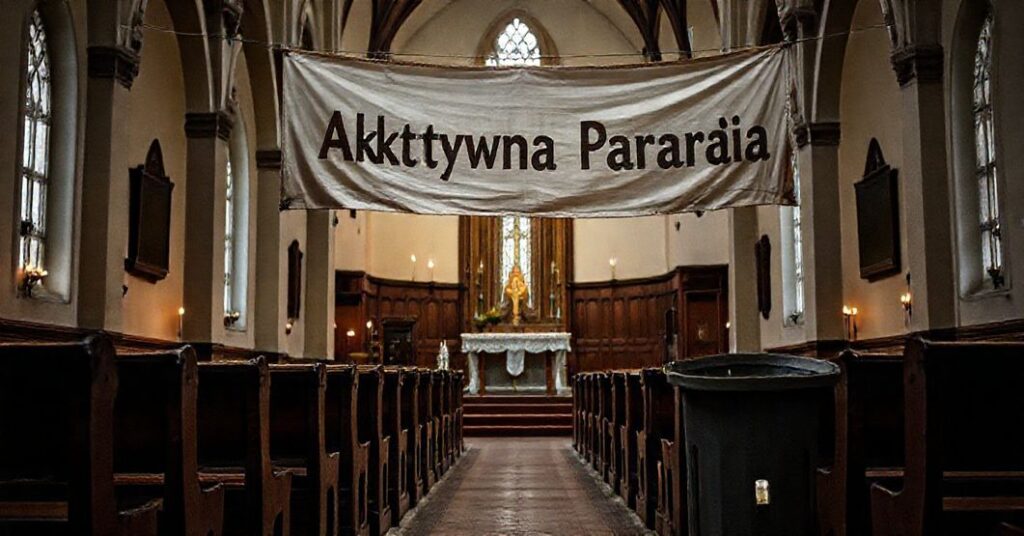 Pusty kościół z opuszczonym ołtarzem i zużytą transkubą z napisem 'Aktywna Parafia', symbolizujący redukcję misji Kościoła do świeckiego aktywizmu