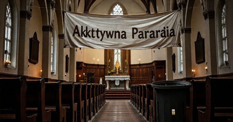 Pusty kościół z opuszczonym ołtarzem i zużytą transkubą z napisem 'Aktywna Parafia', symbolizujący redukcję misji Kościoła do świeckiego aktywizmu