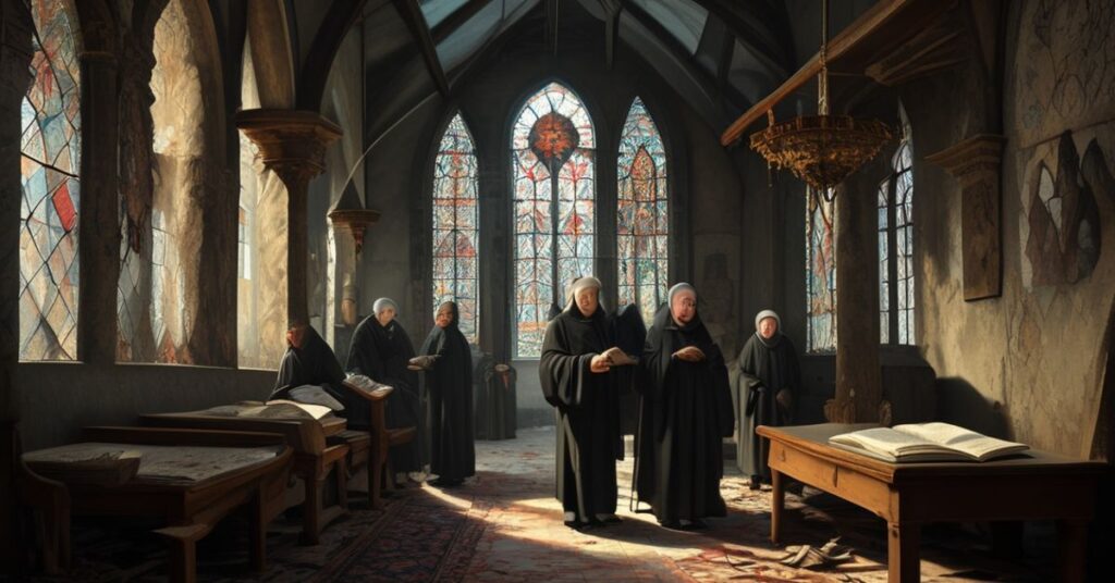 Wydobaczenie pustki duchowej w klasztorach katolickich przedstawiające zaniedbane koridory i pozostałości życia zakonnego.