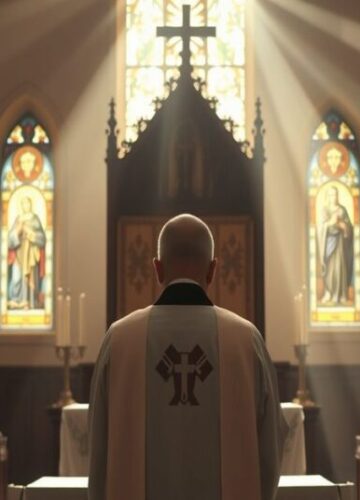 Pustka duchowa współczesnego „kościoła” w tradycyjnym wnętrzu katolickim Ciemna wnętrza kościoła tradycyjnego siedziba skądinąd pustki duchowej współczesnego „kościoła” z kapłanem siedziba skądinąd modlitwy przed ołtarzem.