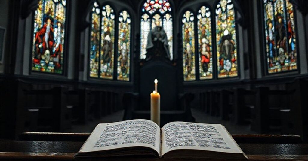 Wnęka kościelna z czarnym tronem biskupim symbolizująca duchową pustkę po fałszywej nominacji kardynała Grzegorza Rysia przez antypapieża Leona XIV w Krakowie w 2025 roku.