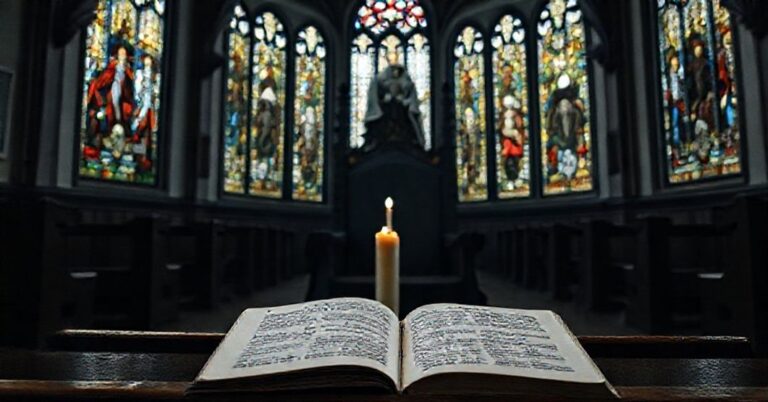 Wnęka kościelna z czarnym tronem biskupim symbolizująca duchową pustkę po fałszywej nominacji kardynała Grzegorza Rysia przez antypapieża Leona XIV w Krakowie w 2025 roku.