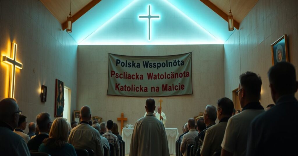 Pusty modernistyczny kościół na Malcie z zebranymi Polakami podczas fałszywej Mszy św. bez sakralnego czci