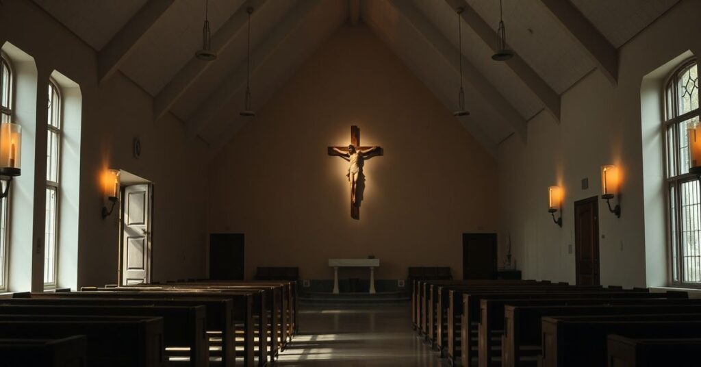 Pusty kościół podczas wydarzenia '24 godziny dla Pana', symbolizujący brak autentycznego kultu katolickiego