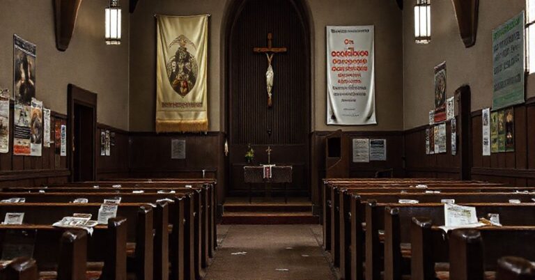 Pusty kościół z banerem Tradycyjnego Kościoła Katolickiego i ulotkami promującymi świeckie inicjatywy.