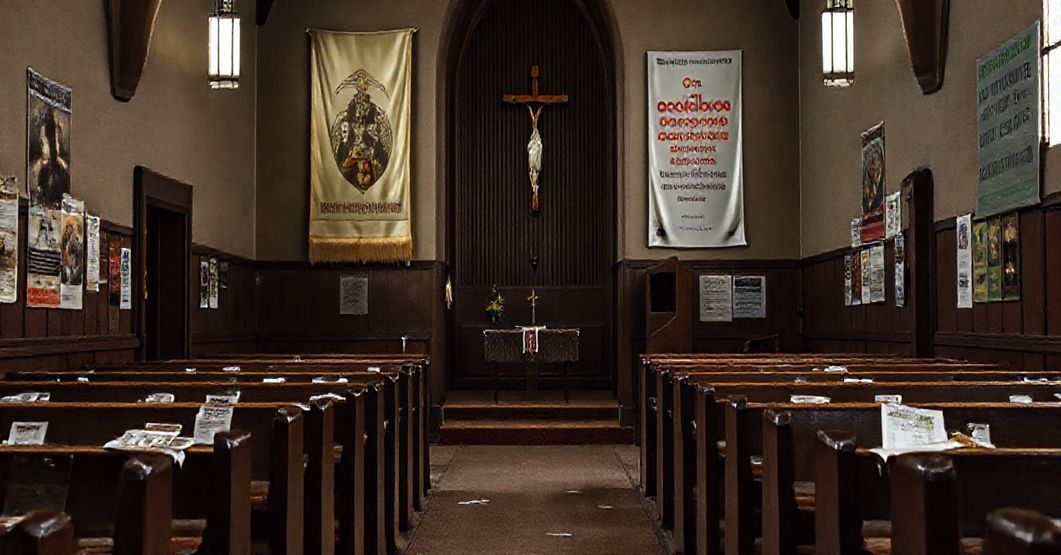 Pusty kościół z banerem Tradycyjnego Kościoła Katolickiego i ulotkami promującymi świeckie inicjatywy.