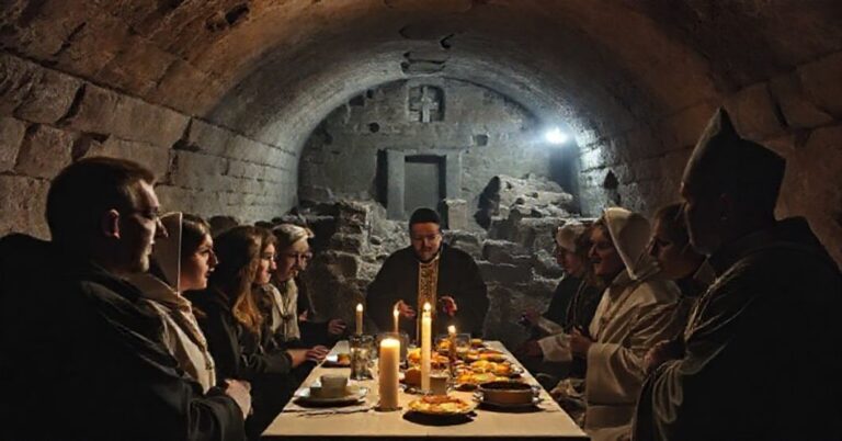 Młodzi podczas zgromadzenia w podziemiach katedry gnieźnieńskiej z uzurpatorem 'abp' Wojciechem Polakiem