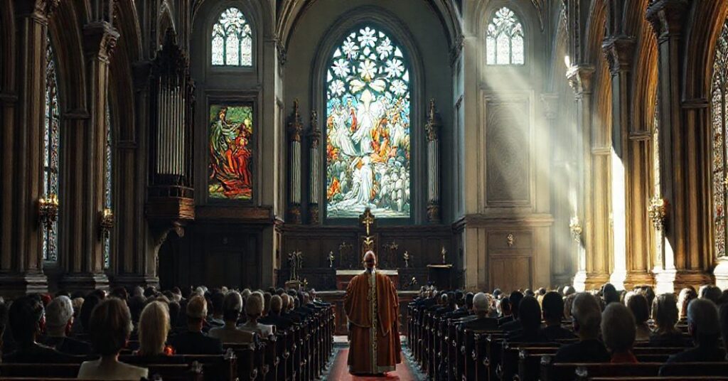 Wnętrze kościoła katolickiego z organami i witrażem przedstawiającym Ostateczny Sąd, ale bez potępionych duszy, podkreślającym jedynie uwielbienia.