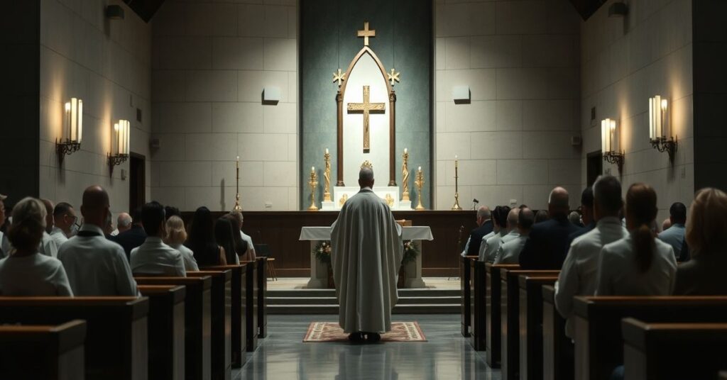Scena pogrzebowa w tradycyjnym katolickim kościele z pustym tabernakulum, symbolizująca brak prawdziwej sukcesji apostolskiej.