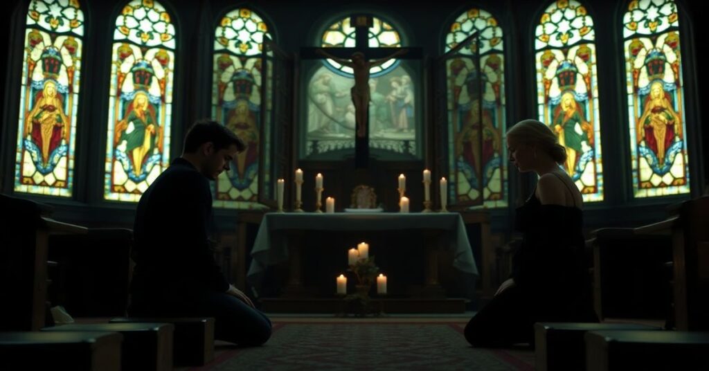 Robert Pattinson i Kristen Stewart modlący się w starannie urządzonym kościele katolickim pośród przytłaczającej pustki duchowej.