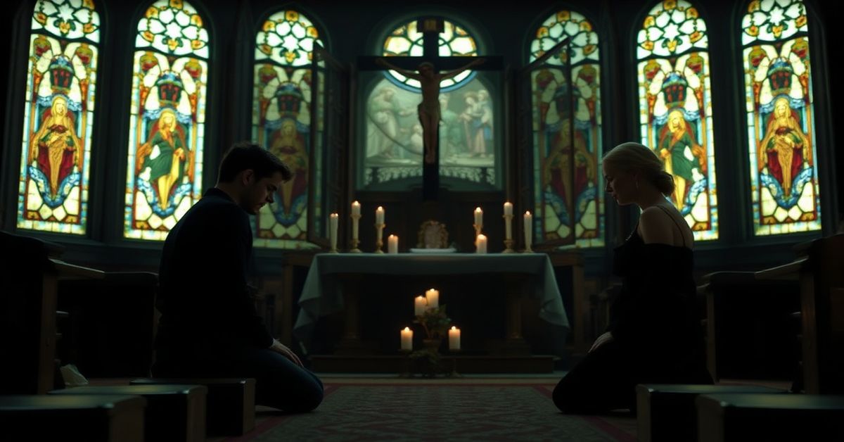 Robert Pattinson i Kristen Stewart modlący się w starannie urządzonym kościele katolickim pośród przytłaczającej pustki duchowej.