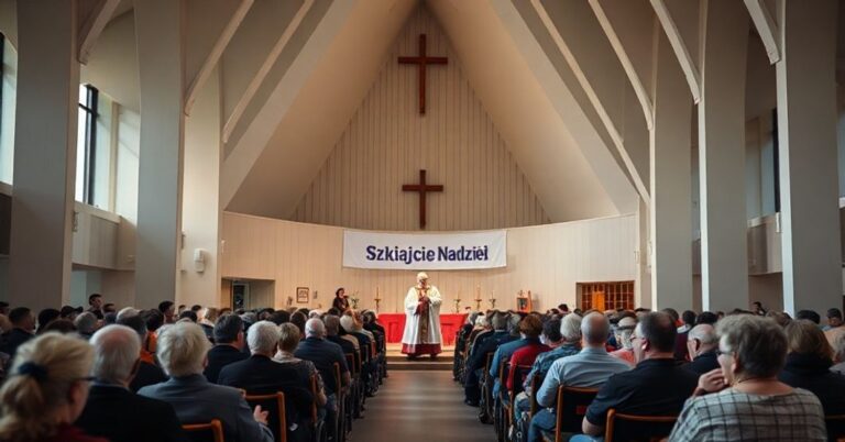 Wnętrze modernistycznej świątyni Opatrzności Bożej w Warszawie podczas zgromadzenia wolontariuszy Caritas. Atmosfera jest smutna i poważna. W tle widoczny jest transparent z napisem 'Szukajcie Nadziei'.