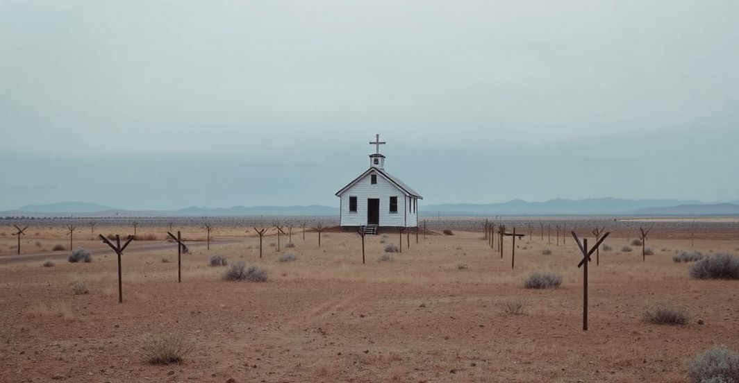 Pustka duchowa w krajobrazie amerykańskiego Zachodu, z opuszczonym kościołem i krzyżem, symbolizująca brak Boga w sztuce.