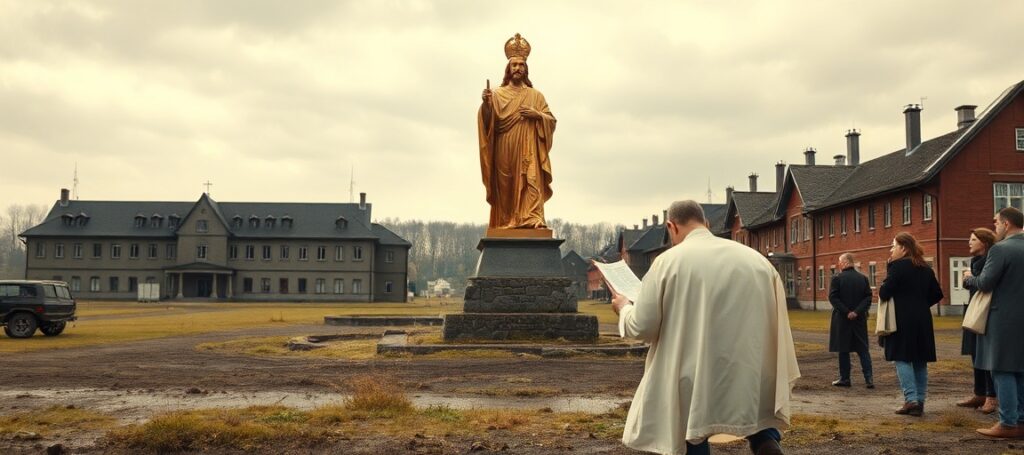 Pusty amerykański garnizon w Vilseck w Bawarii w 2026 roku; przerażeni mieszkańcy i ksiądz modlący się przed Chrystusem Królem