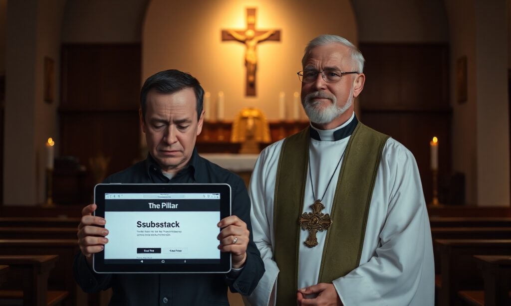 Wnętrze tradycyjnego kościoła katolickiego z ołtarzem i krzyżem. Ed Condon trzyma tablet z pustą stroną subskrypcji The Pillar.