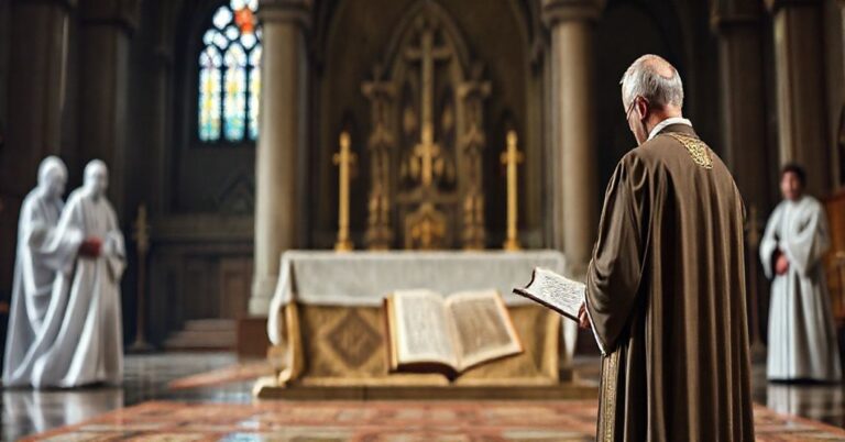 Oblubieniec katolicki w tradycyjnych szatach liturgicznych stojący przed pustym ołtarzem, symbolizującym braki w sakramentach w Kościele posoborowym.