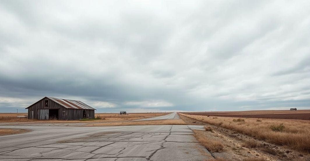 Pustka i melancholija w amerykańskim krajobrazie - fotografia dokumentująca upadek cywilizacji bez Boga, z porzuconymi budynkami i dziko rośliną.