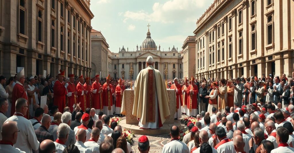 Uroczysta ale duchowo pustynna scena na placu św. Piotra podczas Wielkiego Tygodnia 2026 z 'papieżem' Leonem XIV (Robertem Prevostem) przewodniczącym Nowej Mszy Rzymskiej.