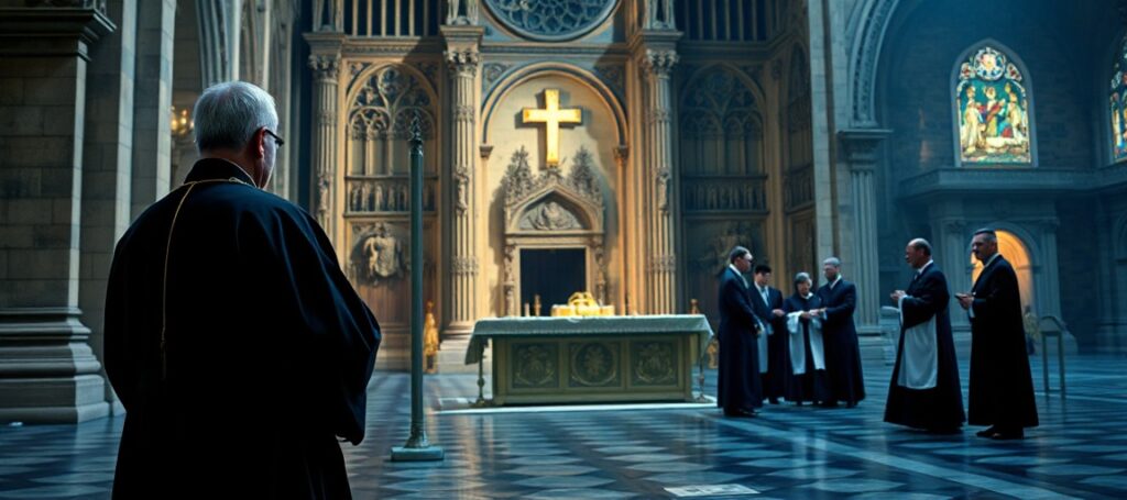 Tradycyjny katolicki ksiądz w ornaty przed zamkniętą katedrą Notre-Dame w Paryżu, z grupą nowoczesnych katechumenów wokół nowoczesnego ołtarza.