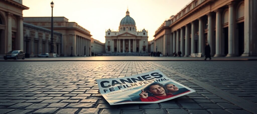Pustka na Placu św. Piotra z rozrzuconym plakatem z festiwalu filmowego w Cannes - symbolizuje oddzielenie kultury od Królestwa Chrystusa