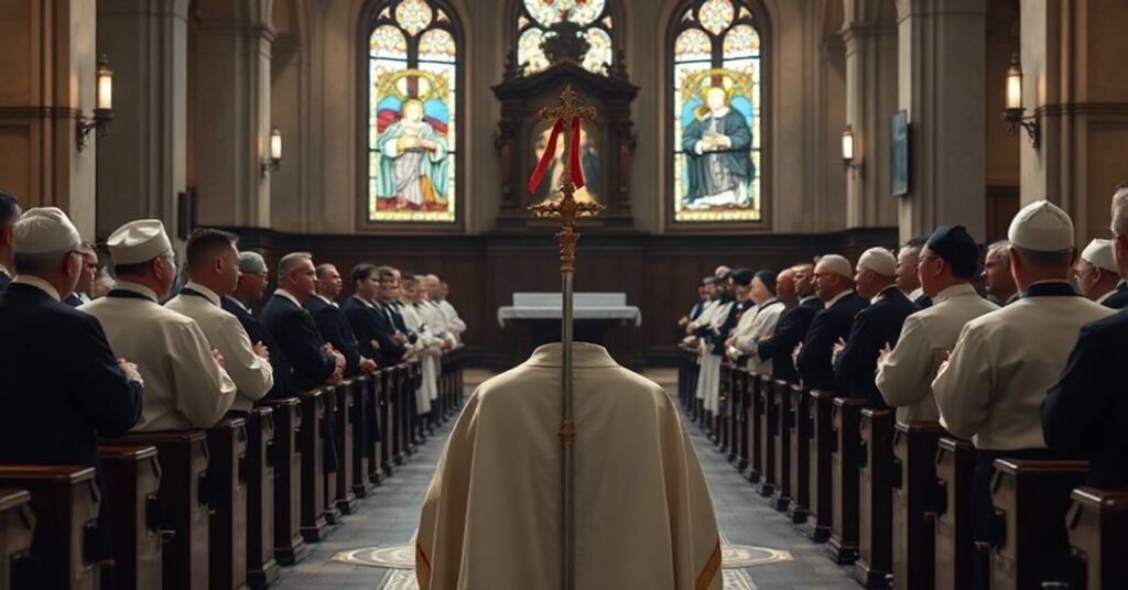 Uroczysty pogrzeb katolicki w tradycyjnym kościele z pustym mitrą i pastorałem zmarłego hierarchy, symbolizujący pustkę pozostawioną przez hierarchów odchodzących od Prawdziwego Kościoła.