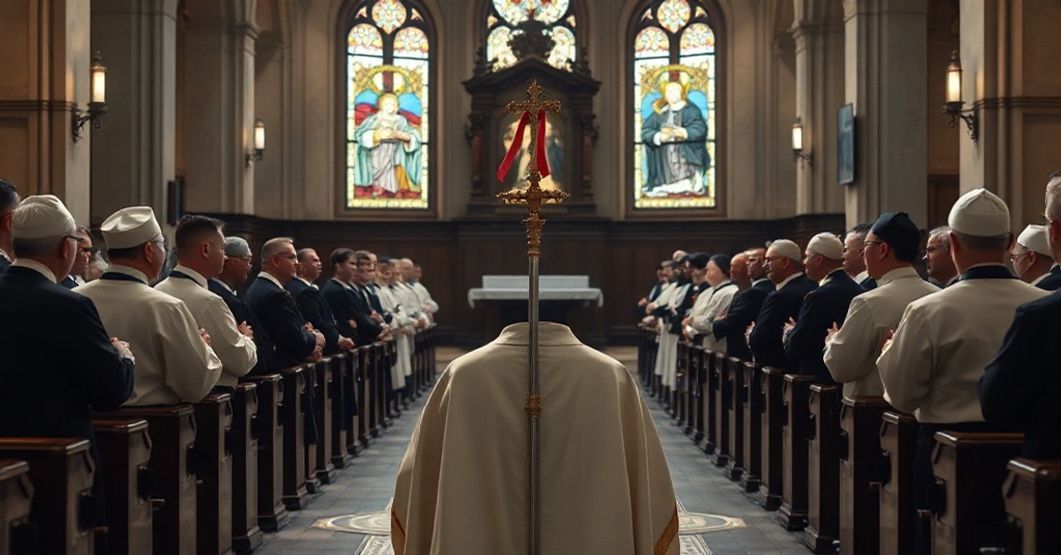 Uroczysty pogrzeb katolicki w tradycyjnym kościele z pustym mitrą i pastorałem zmarłego hierarchy, symbolizujący pustkę pozostawioną przez hierarchów odchodzących od Prawdziwego Kościoła.