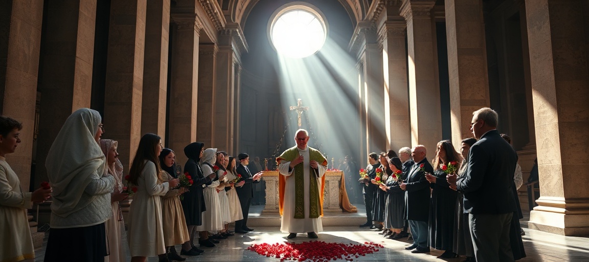 Wnętrze Panteonu w Rzymie podczas ceremonii 'deszczu płatków róż' w uroczystość Zesłania Ducha Świętego. Dzieci rozdają róże jako znak pokoju w atmosferze pozbawionej łaski.