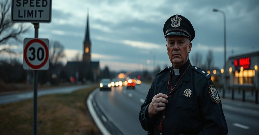 Melancholijny widok pustej drogi w zmierzchu symbolizujący duchową pustkę prawa świeckiego. Na pierwszym planie stojący policjant z różańcem symbolizuje kontrast między ludzkimi prawami a boskimi przykazań. W tle rozmyta panorama miasta z kościelnymi wieżami.