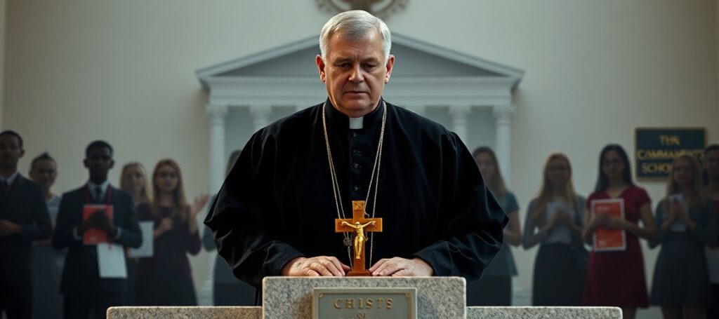 Ksiądz w ciemnym habitach stoi przed ołtarzem z krzyżem, otoczony rozmytymi postaciami Amerykanów z symbolami religijnymi. Scena kontrastuje wieczną prawdą Chrystusa Króla z pustką współczesnego synkretyzmu.