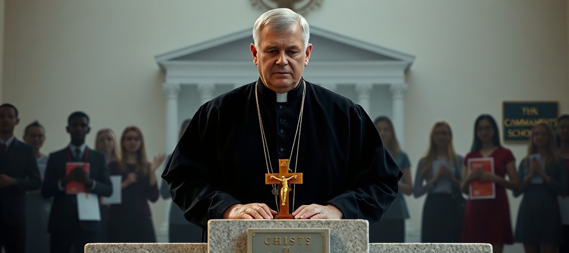 Ksiądz w ciemnym habitach stoi przed ołtarzem z krzyżem, otoczony rozmytymi postaciami Amerykanów z symbolami religijnymi. Scena kontrastuje wieczną prawdą Chrystusa Króla z pustką współczesnego synkretyzmu.