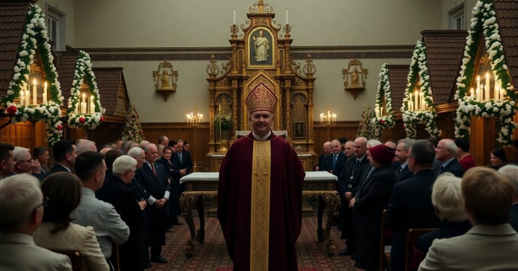 Obraz przedstawiający pustą rytualność w parafii Pakosławsk podczas uroczystości odpustowych pod przewodnictwem abpa Józefa Kupnego. Scena jest tradycyjna, ale symbolizuje brak prawdziwego kapłanstwa i ofiary.