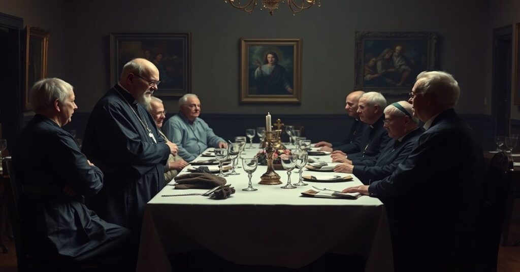 Stary ksiądz w nowoczesnym habitach stoi przy stole obiadowym otoczony starzejącymi się duchownymi w świeckiej odzieży, symbolizując pustkę sakramentalną i brak autentycznego kapłaństwa.