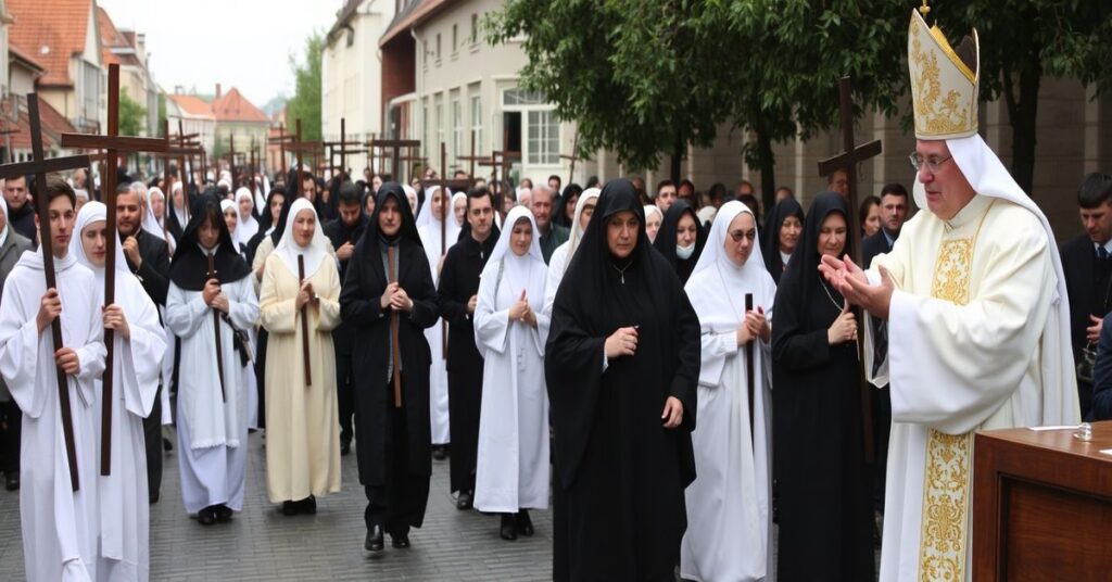 Uroczysta Droga Krzyżowa w Sandomierzu pod przewodnictwem biskupa Krzysztofa Nitkiewicza. Uczestnicy procesji z krzyżami i modlącymi się wiernymi