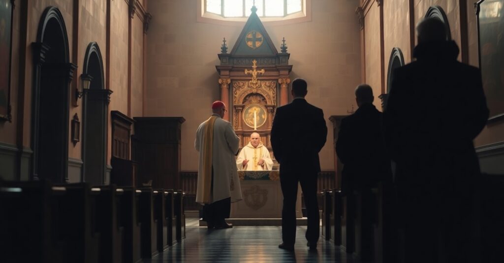 Tradycyjny wnętrze kościoła z biskupem w starożytnych szatach liturgicznych przed ołtarzem - symbolizuje pustość śledztwa Vos Estis Lux Mundi względem autentycznej wiary katolickiej