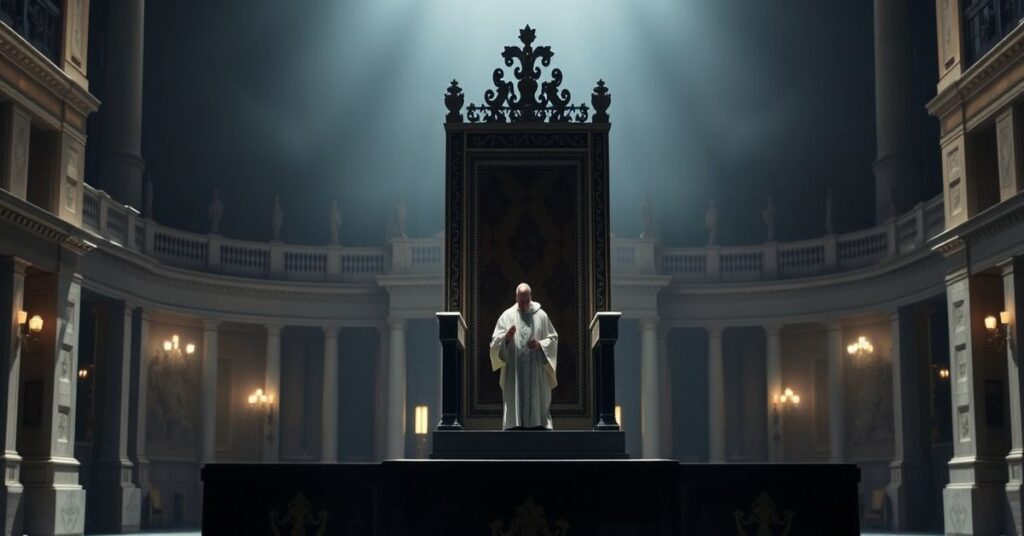 Symboliczny obraz pustego Stolicy Piotrowej w Watykanie, symbolizujący sede vacante z widokiem na odchodzącego chaldejskiego patriarchy.