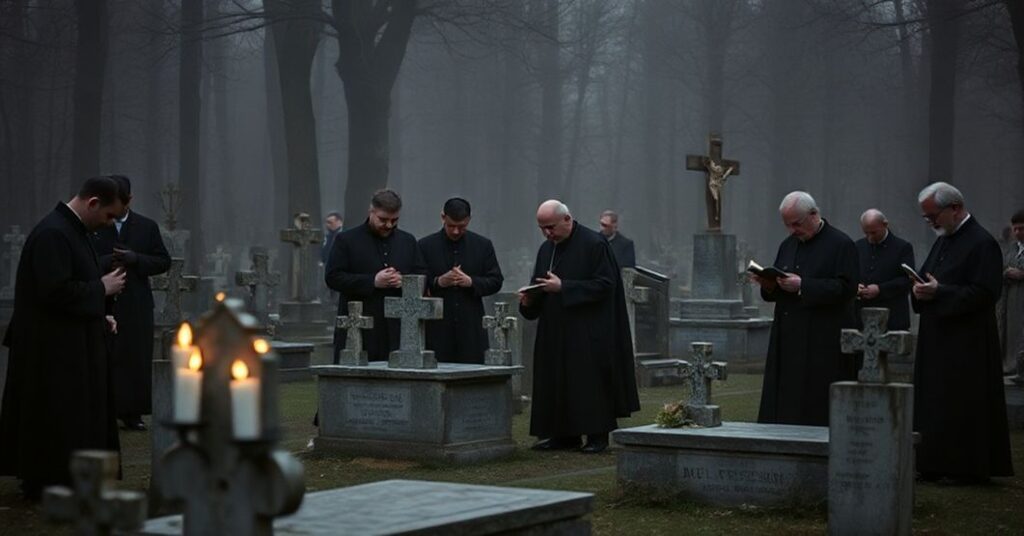 Grupa seminarianów i fałszywych biskupów modli się przy grobach w Radomiu, symbolizując pustkę teologiczną struktury posoborowej.