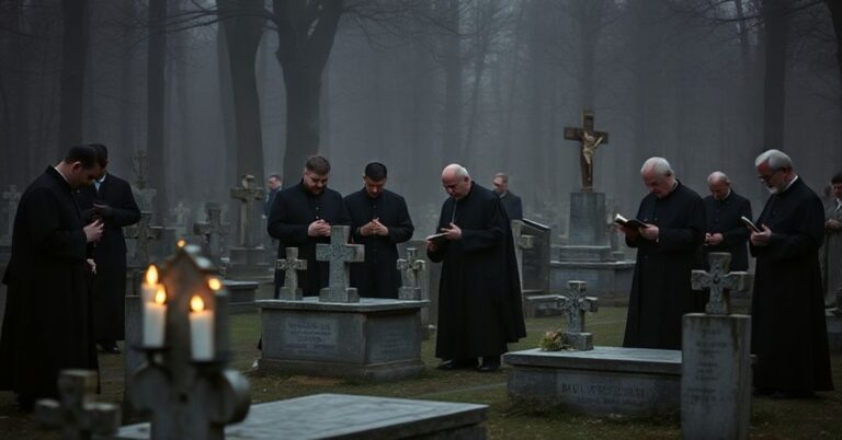Grupa seminarianów i fałszywych biskupów modli się przy grobach w Radomiu, symbolizując pustkę teologiczną struktury posoborowej.
